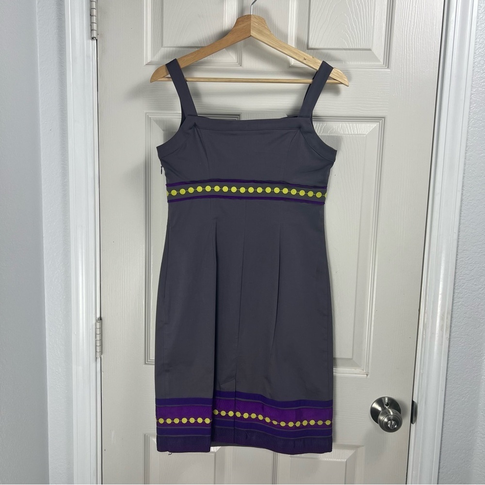 Boden Gray Purple Trim Polka Dot Sheath Dress Women’s Size 4P - Picture 10 of 13